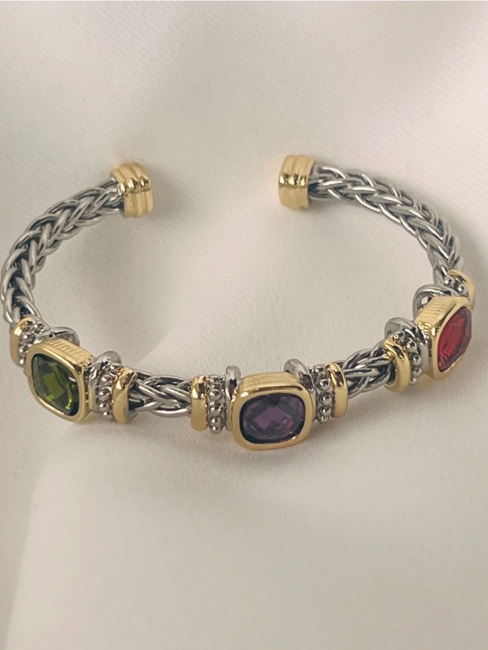 Two-Tone Braided Cuff with Gemstone Accents